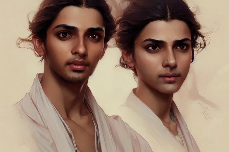 Image similar to Anxious good looking pale young Indian doctors talking, portrait, elegant, intricate, digital painting, artstation, concept art, smooth, sharp focus, illustration, art by artgerm and greg rutkowski and alphonse mucha