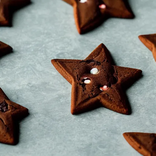 Image similar to close view of a 5 pointed star shaped chocolate chip cookie, warm dim light