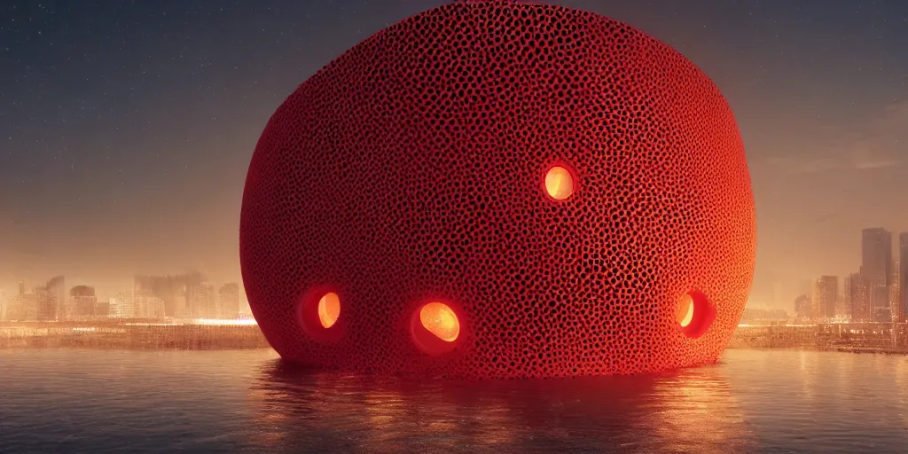 Image similar to An epic architectural rendering of a blob shaped trypophobia house with a mysterious red glow emitting from inside in a modern cityscape next to a river, stunning, gorgeous, golden ratio, photorealistic, featured on artstation, 4k resolution