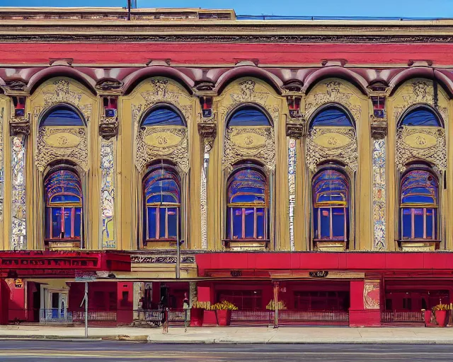 Prompt: photo of an outdoor mural of an opera house from the early 1 9 0 0 s in the style of art nouveau, red curtains, art nouveau design elements, art nouveau ornament, opera house architectural elements, painted on a brick wall, outdoor mural, mucha, masonic symbols, masonic lodge