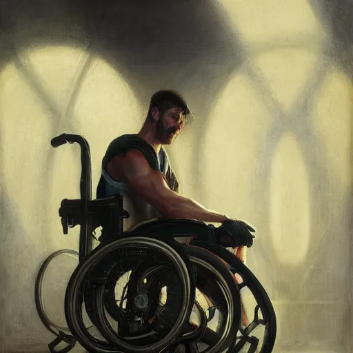 Image similar to handsome portrait of a wheelchair guy fitness posing, radiant light, caustics, war hero, playing wheelchair basketball, by gaston bussiere, bayard wu, greg rutkowski, giger, maxim verehin