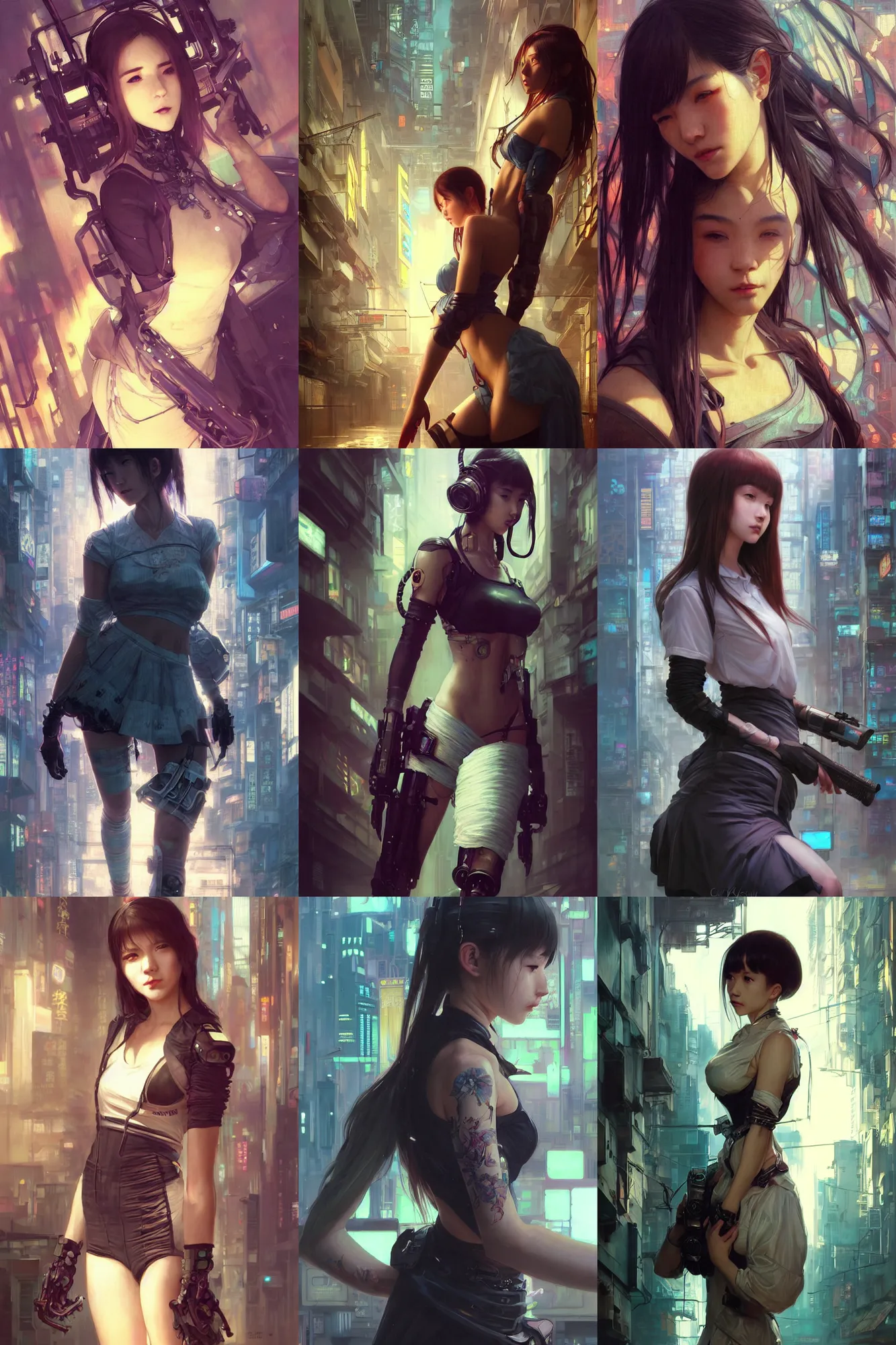 Prompt: ultra realistic beautiful cyberpunk kowloon techno art, beautiful alluring schoolgirl, gorgeous face and figure, art by krenz cushart, artgerm, greg rutkowski, wlop, yuxiang chen, alphonse mucha, intricate, elegant, highly detailed, digital art, artstation, concept art, smooth, sharp focus, illustration, beautiful sunlight and shadows