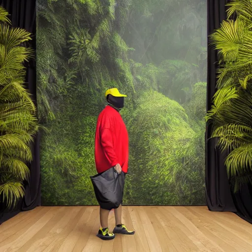 Prompt: photo studio with rainforest and foggy background. fisherman in yellow balenciaga cloth, plastic bag and black mask. photorealistic high resolution, redshift render, 8 k