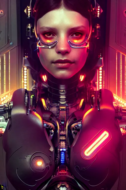 Image similar to ultra realistic, beautiful female cyborg in a crowded smoky cyberpunk club in space megalopolis, sci-fi, intricate details, eerie, highly detailed, octane render, 8k, art by artgerm and alphonse mucha and greg rutkowski