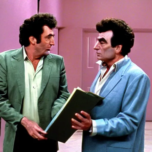 Image similar to columbo and cosmo kramer discussing the finer things of life