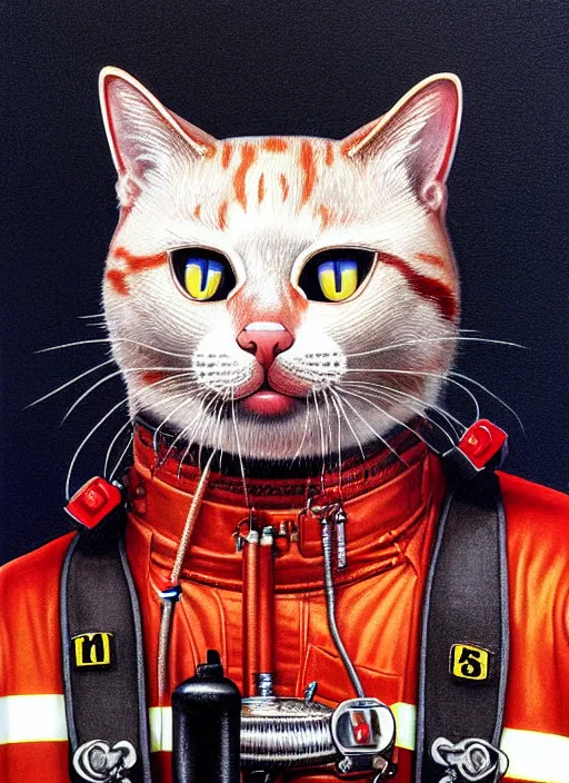 Prompt: symmetrical!! portrait of cat as a fire fighter. close up. soft lighting, retro 8 0 s, realistic illustration, art by peter elson