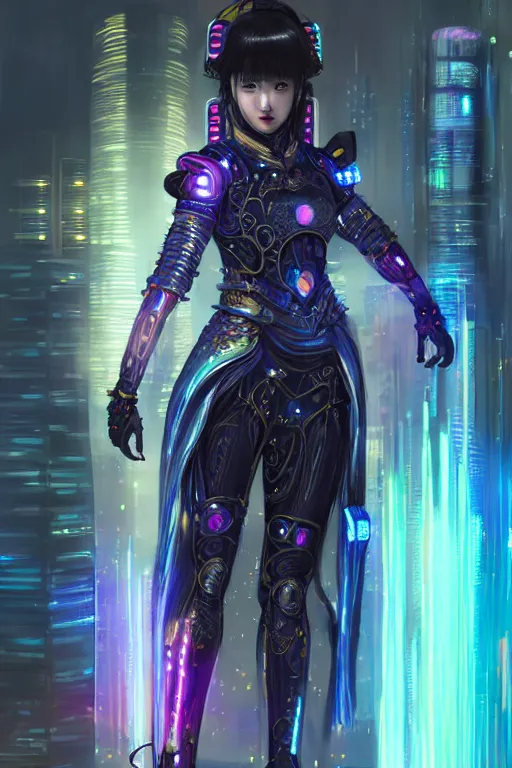 Image similar to portrait futuristic wuxia armor heroine Girl with thunder and fire sparkles and starlight, fighting in future cyberpunk beijing rooftop , ssci-fi, fantasy, intricate, very very beautiful, elegant, human structure, neon light, highly detailed, digital painting, artstation, concept art, smooth, sharp focus, illustration, art by tian zi and WLOP and alphonse mucha