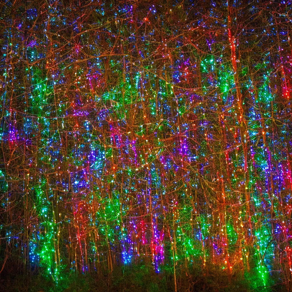 Prompt: A beautiful forest clearing with multicolored lights strung in the branches