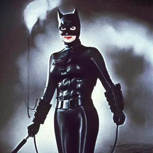 Prompt: joe biden as catwoman from batman returns 1 9 9 2, whip in hand, foggy atmosphere, dramatic lighting, trending on artstation, 8 k