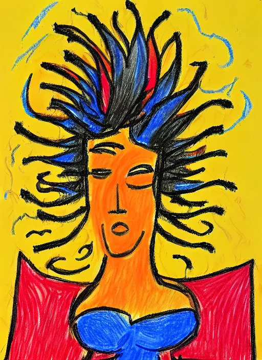 Prompt: a painting of the goddess of explosions as drawn by a child, crayon on paper