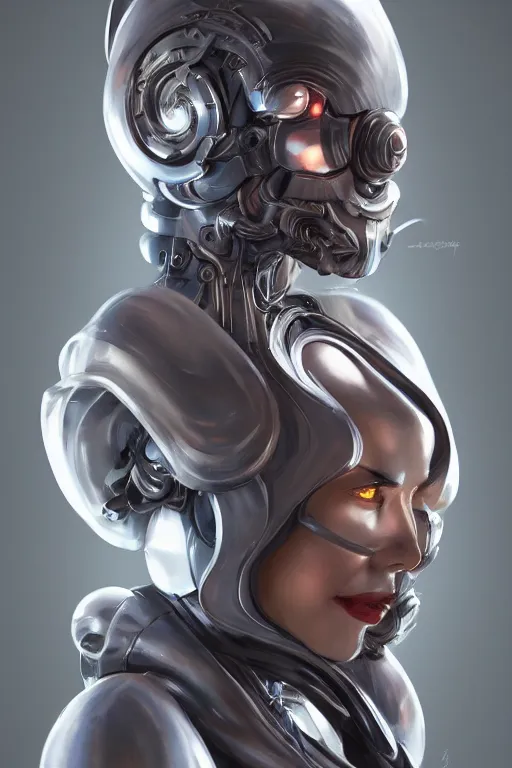 Image similar to a portrait of a swirly cyborg with a hood and mechanical part by Mars Chris and Artgerm, highly detailed, trending on artstation