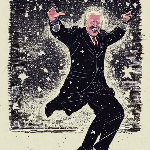 Prompt: Woodcut portrait of joe biden falling into the stars by greg rutkowski, 4k, intricate details