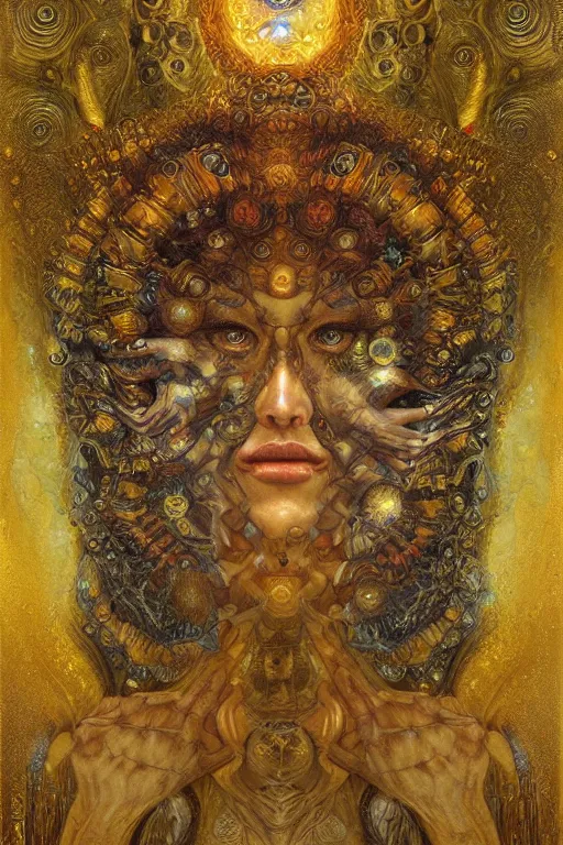 Image similar to Divine Chaos Engine by Karol Bak, Jean Deville, Gustav Klimt, and Vincent Van Gogh, beautiful visionary mystical portrait, sacred, otherworldly, fractal structures, ornate gilded medieval icon, third eye, spirals