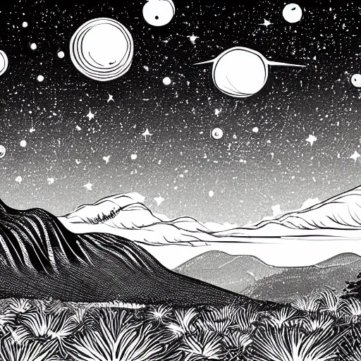 Image similar to black and white comic illustration of a scenic valley with a sky full of galaxies