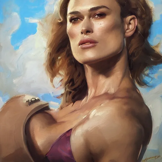 Image similar to greg manchess portrait painting of confident keira knightley as beautiful thick female bodybuilder zarya from overwatch, medium shot, asymmetrical, profile picture, organic painting, sunny day, matte painting, bold shapes, hard edges, street art, trending on artstation, by huang guangjian and gil elvgren and sachin teng