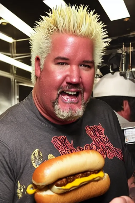 Image similar to guy fieri, dimly lit, stands in a hallway, cradling a guinness world record hot dog