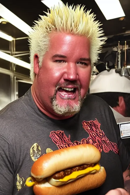 Prompt: guy fieri, dimly lit, stands in a hallway, cradling a guinness world record hot dog