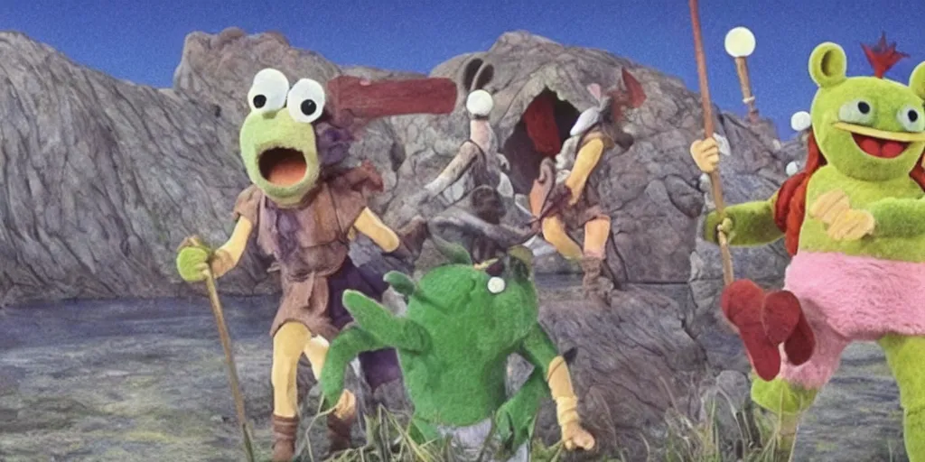 Prompt: a still from Princess Mononoke depicting the war between teletubbies and muppets