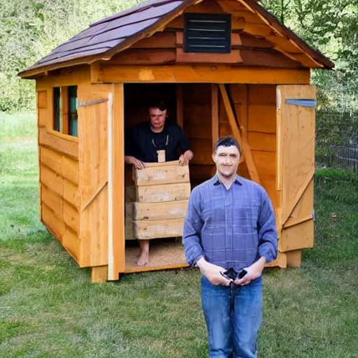 Image similar to man in a dress builds a wooden shed out of pallets diy tools nikon dslr detailed