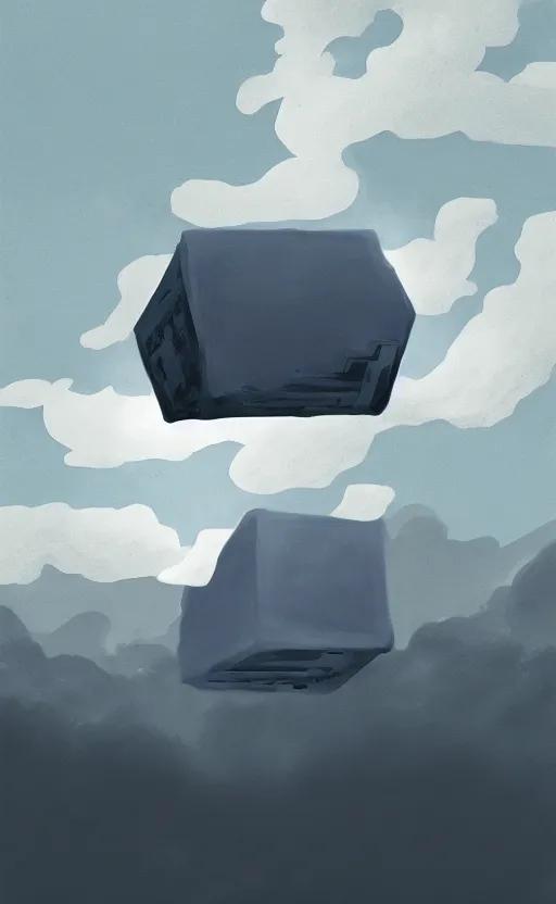 Image similar to an asymmetrical cell - shaded studio ghibli concept art study of a huge silver cube ufo in the sky. an elegant alien is on the ground. very dull colors,, hd, 4 k, hq