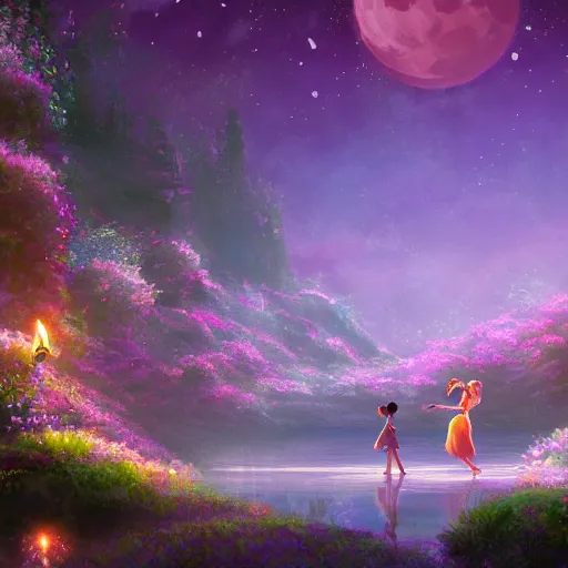 Prompt: A flower and magical fairy dancing in a river with de moon glow in the background, cozy, candle light, extra detailed, digital illustration, by Makoto Shinkai and thomas kinkade, digital painting, Matte painting, trending on artstation and unreal engine