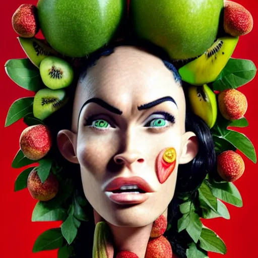 Image similar to megan fox vegan editorial by malczewski and arcimboldo, character sculpture by arcimboldo, stil frame from'cloudy with a chance of meatballs 2'( 2 0 1 3 ) of fruit dryad, fruit hybrid megan fox editorial by alexander mcqueen and arcimboldo