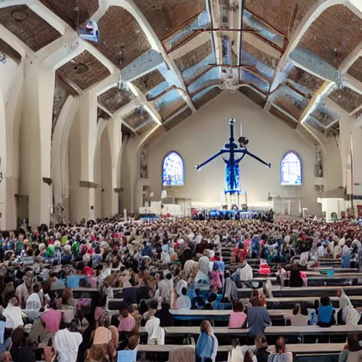 Prompt: large church congregation in service with a robot on a huge screen