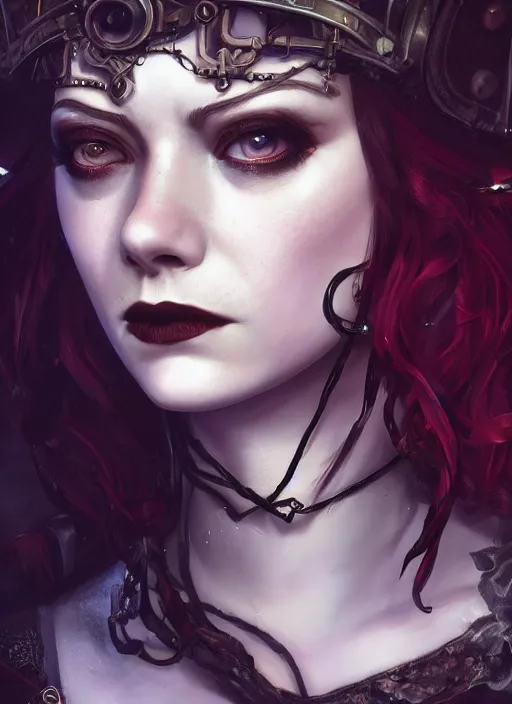 Image similar to dark goth gothic steampunk portrait of emma stone, hyper detailed, digital art, cinematic lighting, studio quality, smooth render, unreal engine 5, octane rendered, art style by klimt and nixeu and ian sprigger and krenz cushart.