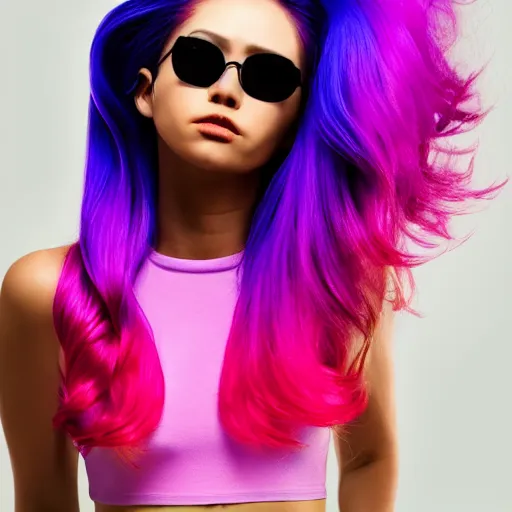 Image similar to a award winning full body shot of a beautiful woman in a croptop with a ombre purple pink teal hairstyle with head in motion and hair flying, outrun, vaporware, vivid colors, highly detailed, fine detail, intricate