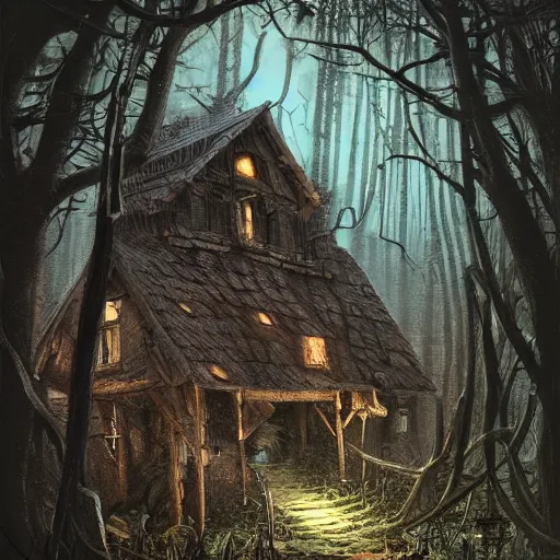 Image similar to dilapidated broken wooden house, tucked within the witchwood forest, evil fairies, overgrown, detailed intricate ink illustration, dark atmosphere, detailed illustration, hd, 4k, digital art, overdetailed art, concept art, by greg rutkowski, by loish, complementing colors, Trending on artstation, deviantart