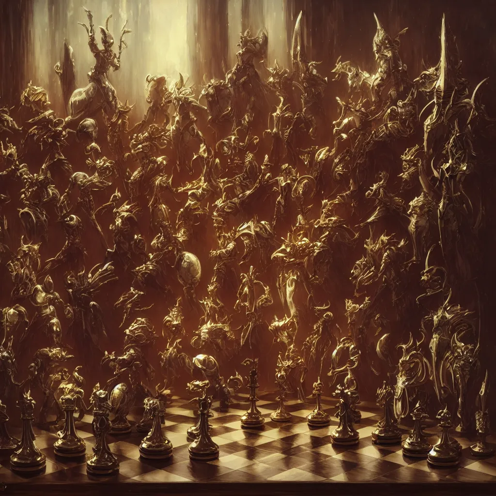 Image similar to fantasy chess pieces on chess board, studio shot, by gaston bussiere, anna nikonova aka newmilky, greg rutkowski, yoji shinkawa, yoshitaka amano, tsutomu nihei, muira, moebius, donato giancola, trending on artstation, featured on pixiv