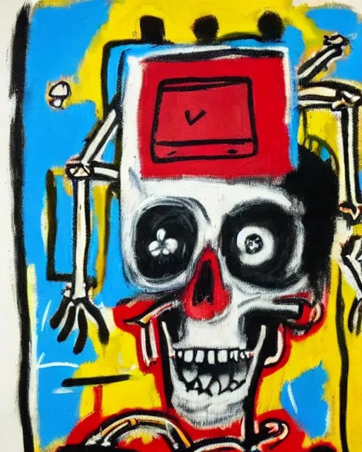 Image similar to oil neo expressionism painting of skull skeleton playing video games by basquiat