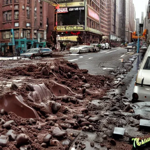 Image similar to tsunami of liquid chocolate on new york, post apocalyptic, cinematic ruin