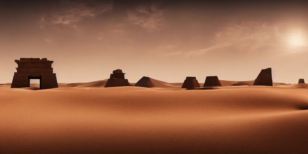 Image similar to a wide desertic matte painting landscape with ancient egyptian temple buried in the sun. big sand dunes. under a white sky with black stars. a monstrous sphynx between the dunes on the horizon. eerie lighting. photorealistic. artstation. hd.