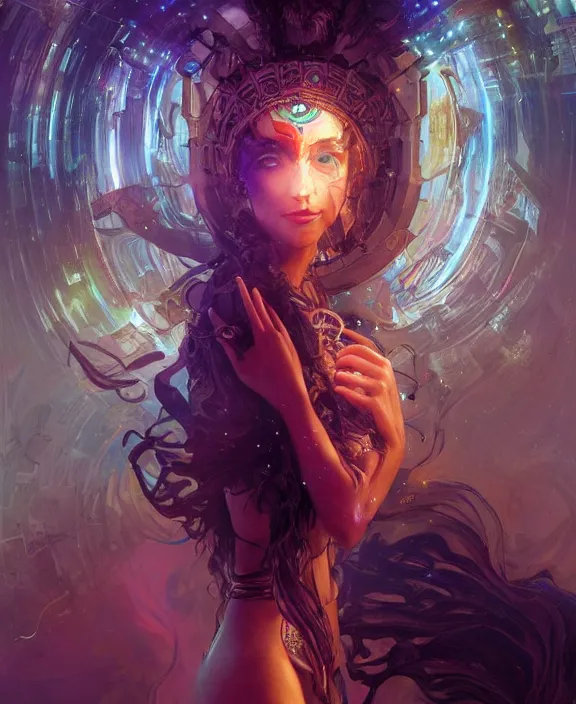 Image similar to a whirlwind of souls rushing inside the metaverse, half body, glowin eyes, tiara with sapphire, pharaoh, android, cyberpunk, d & d, fantasy, intricate, elegant, highly detailed, colorful, vivid color, digital painting, artstation, concept art, art by artgerm and greg rutkowski and alphonse mucha and ruan jia