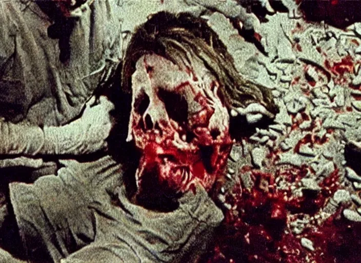 Prompt: disturbing vhs footage of exploded head crooked teeth blood horror practical fx by david cronenberg 1 9 7 0