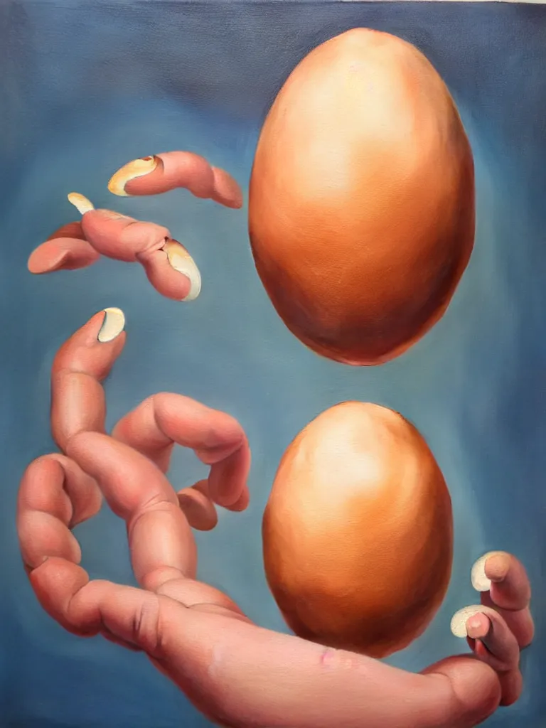 Image similar to a perfect hyperrealist painting of an egg, and a human hatching out. the human has eight arms and each finger is as long as the whole egg. broken eggshell shrapnel is causing some trauma.