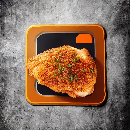 Image similar to chicken fried on a computer cpu chip plate, food, poster, orthographic, octane