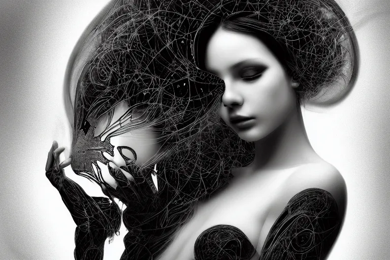 Prompt: portrait of a young beautiful woman with a mask. contemporary photograph and speed painting and fractal and mandelbulb and lines and scribble art. black and white. intricate, elegant, super highly detailed, professional digital painting, artstation, concept art, smooth, sharp focus, no blur, no dof, extreme illustration, Unreal Engine 5, Photorealism, HD quality, 8k resolution, cinema 4d, 3D, beautiful, cinematic, art by artgerm and greg rutkowski and alphonse mucha and loish and WLOP