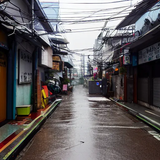 Image similar to rain - soaked alley with messy overhead cables in yongsan district, seoul, south korea.