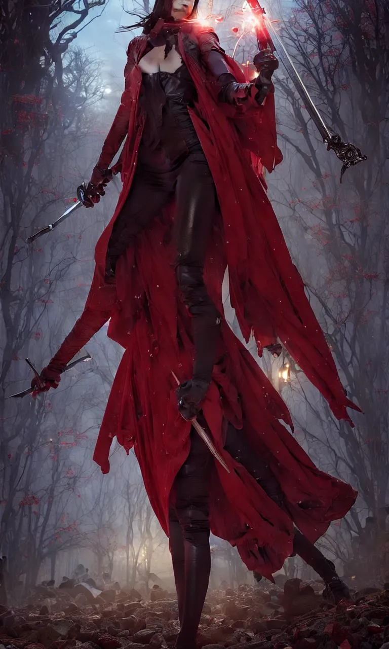 Image similar to full figure, full body, female vampire, pale skin, red jacket, holding a sword wrapped in blue sparkling magic, walking towards the camera, camera pulled back far, detailed illustration, intricate details, surrounded by zombies, 8 k post processing, scary atmospheric lighting, photoshop, art by artgerm and greg rutkowski and alphonse mucha