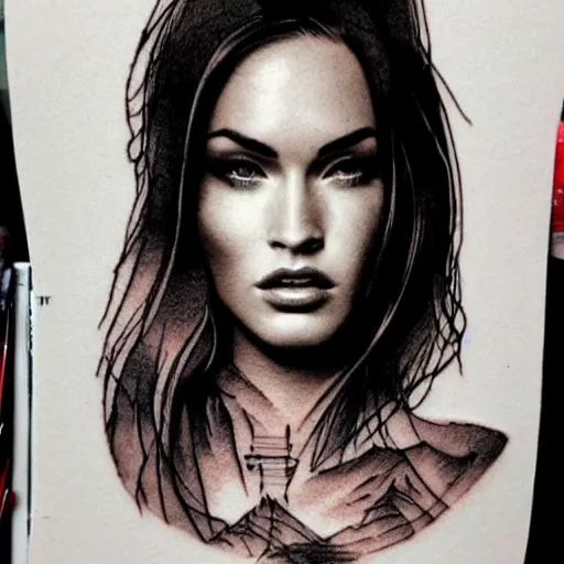 Image similar to double exposure tattoo sketch of megan fox with beautiful mountain scenery, hyper - realistic, in the style of den yakovelev, amazing detail, sharp