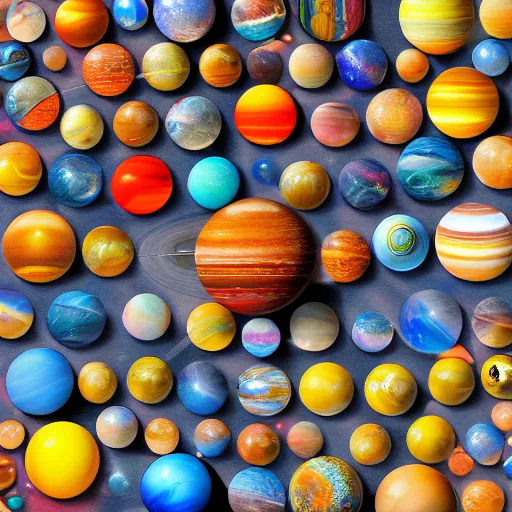 Image similar to solar system as a group of marbles over the carpet of the universe, a joyful marble game, childhood, dream, colorful