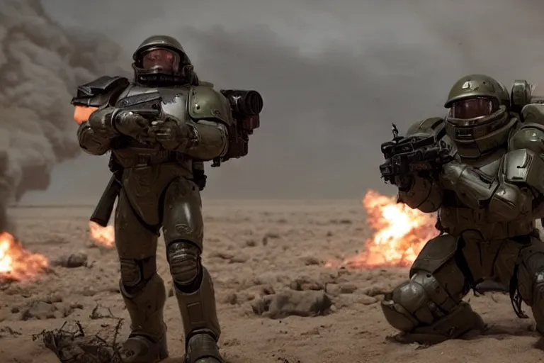 Image similar to VFX movie of a futuristic spacemarine in war zone, shooting gun natural lighting by Emmanuel Lubezki