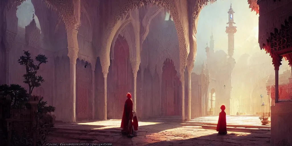 Prompt: moorish architecture, fantasy atmosphere, natural lighting, by greg rutkowski and hayao miyazaki