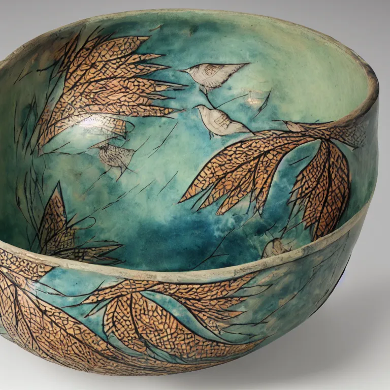 Prompt: Studio Photograph of Beautiful Handmade Stoneware Bowl intricately carved with sgraffito feathers and painted with the image of doves by Paul Klee, Glossy celadon glaze Bright Intense Colors shocking detail hyperrealistic trending on artstation