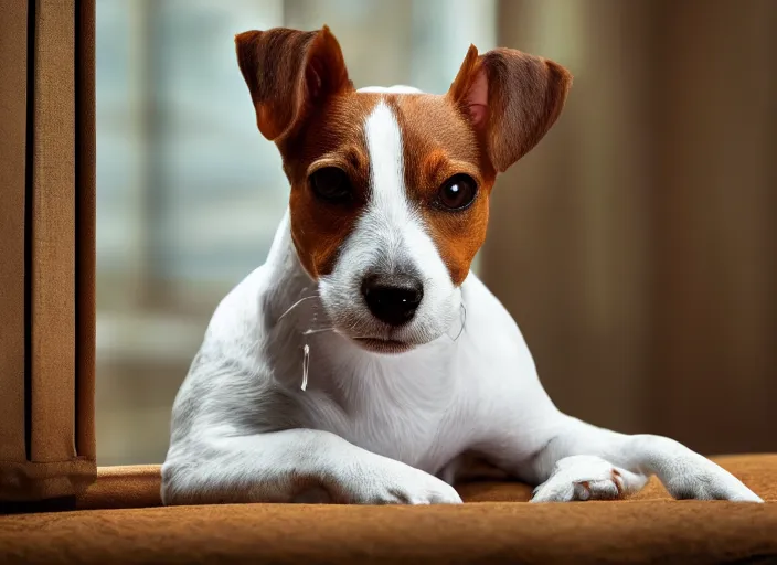 Image similar to photography of a Jack Russel . watching outside the window. on a bed. in a 70's room full of vinyls and posters, photorealistic, award winning photo, 100mm, sharp, high res