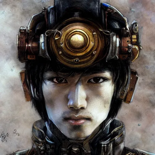 Image similar to portrait of a man by ayami kojima, japanese, he is about 2 0 years old, black short hair with bangs, he is wearing a steampunk tactical gear, highly detailed portrait, digital painting, artstation, concept art, smooth, sharp foccus ilustration, artstation hq