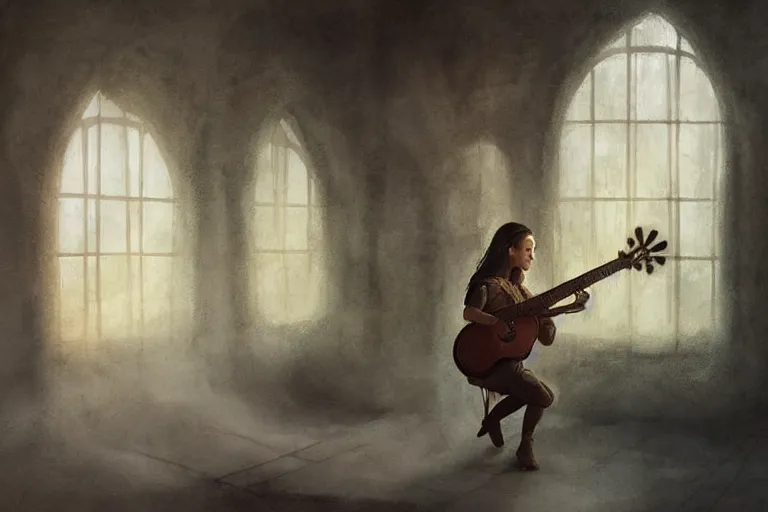 Image similar to an empty brutalist chamber, lonely, somber, a cursed lute, oud, guitar by brian froud leans against the wall alone, abandoned. a thin wisp of smoke rises from the lute. late afternoon lighting cinematic fantasy painting by jessica rossier