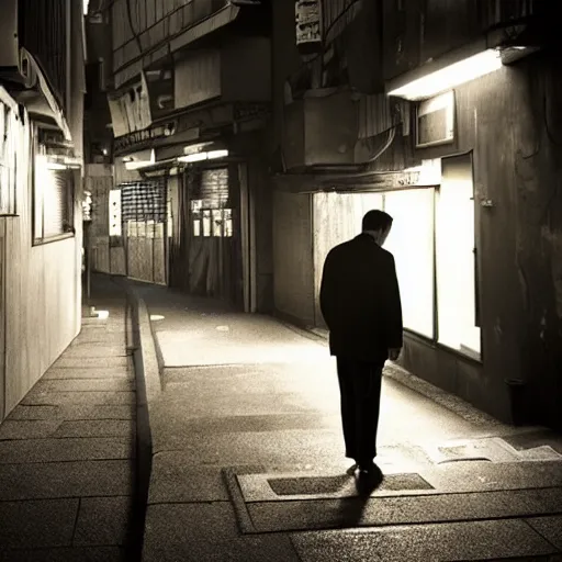 Prompt: man smoking in tokyo alley backlit in the style of soviet realism